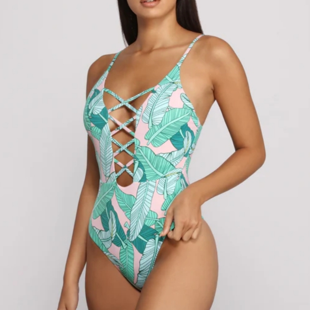 Dippin Daisy's Bliss Pink Green Palm‎ Multi One Piece Swimsuit NEW 2X